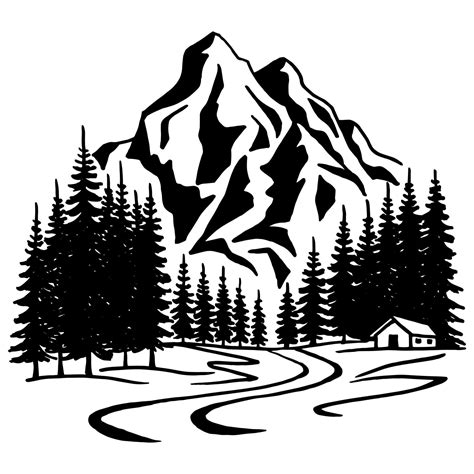 Mountain And Home Black And White Vector Illustration