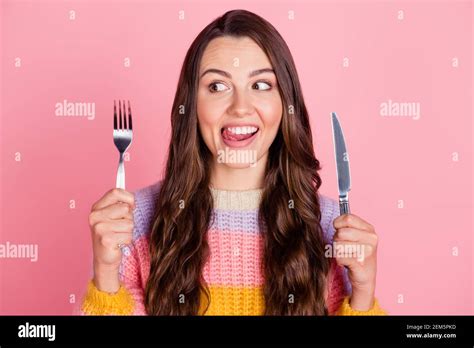 Portrait Of Attractive Cheerful Funny Brown Haired Girl Holding Fork