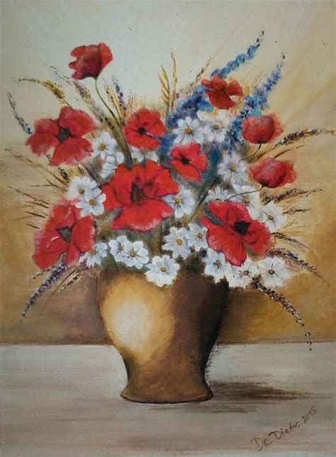 Stilleben Mohnblumen In Vase Vase Rot Bege Acrylmalerei Von Denies