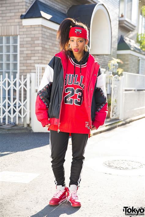 Harajuku Girl In Chicago Bulls Bomber Jacket Adidas And Air
