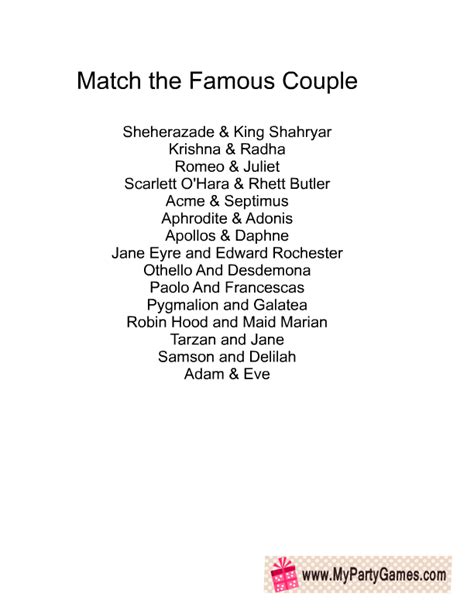 Match The Famous Couple Free Printable Game