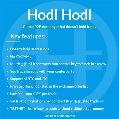 The peer to peer cryptocurrency exchange is a globally reliable trading model. Bitcoin : Hodl Hodl - Global p2p exchange that doesn't ...