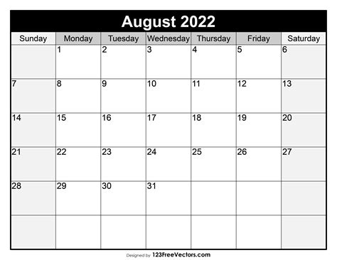 Free Blank August Calendar 2022