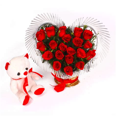 Heart Shape Arrangement Of Red Roses With Cute Teddy Bear Best Price