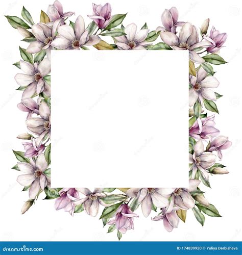 Watercolor Square Border With Magnolias Buds And Leaves Hand Painted