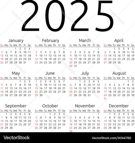 Calendar 2025 Sunday Royalty Free Vector Image