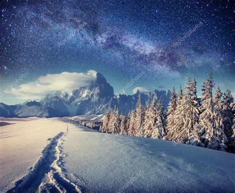 Starry Sky In Winter Snowy Night Fantastic Milky Way In The New