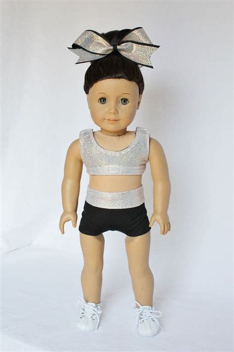 american girl 18 doll cheerleader sports bra and shorts white hologram and black outfit