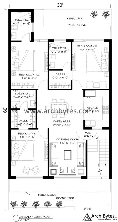 House Plan For 30 X 60 Feet Plot Size 200 Sq Yards Gaj Archbytes