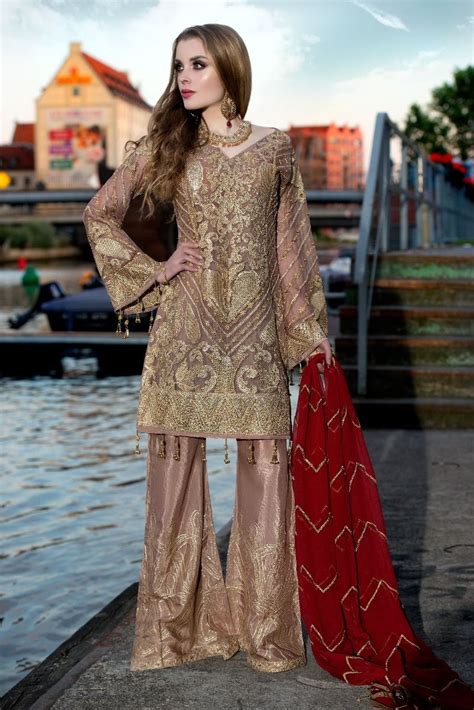 Pakistani Sequins Embroidered Outfit In Brown Color Nameera By Farooq