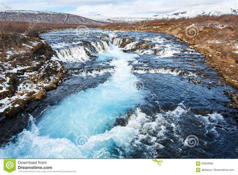 Blue Water Fall Along Riverbruarfoss Waterfall Stock