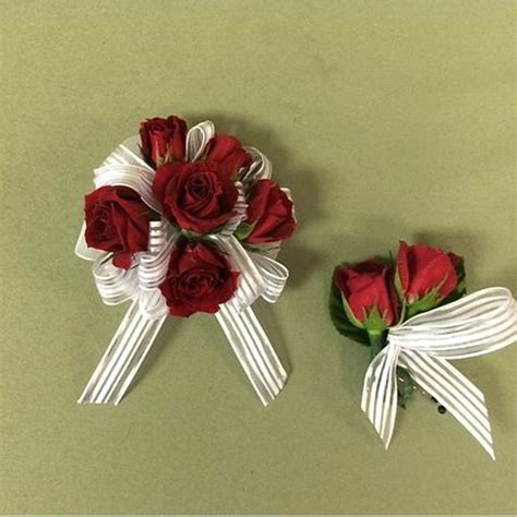 Red Spray Rose Wwhite Ribbon Wrist Corsagebout Set Plainfield Florist