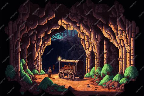 Premium Ai Image Pixel Art Mining Cave With Ore Carts Underground