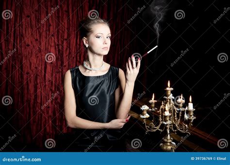 Woman Smoke With Cigarette Holder Retro Style Stock Image Image Of