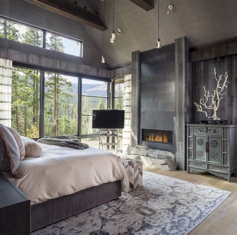 Master Bedroom With Cozy Fireplace And Mountain Views Rustic Master