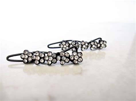 Two Small Tiny Clear And Black Flower Crystal Hair Pin Clip Etsy