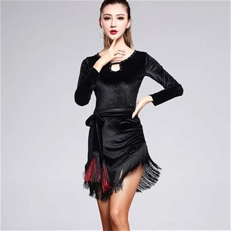 New Fashion Sexy Long Sleeve Velvet Black Latin Dance Tassel Dress For Womenfemale Ballroom