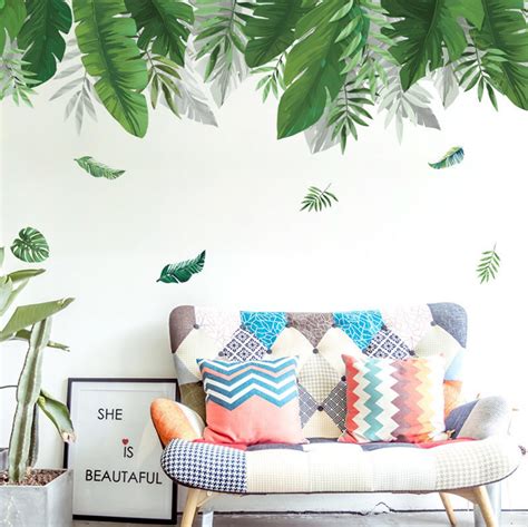 Big Tropical Palm Leaf Wall Stickers Green Plants Wall Decal Etsy Wall Stickers Living Room