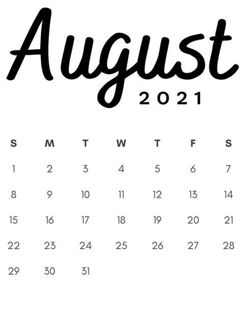 August 2021 Minimalist Calendar Printable Free Printable Calendar