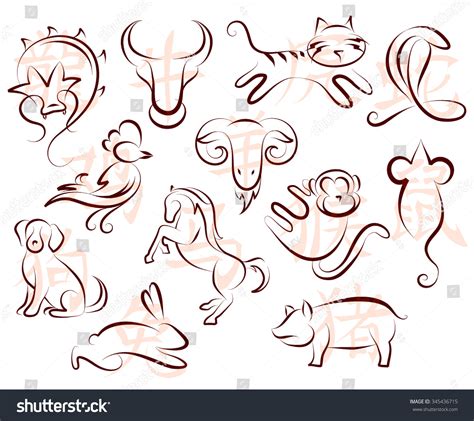 Chinese Zodiac Symbols As Ink Line Drawing Icons With Calligraphic