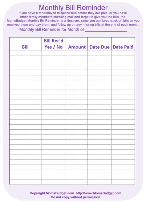 Monthly Bill Reminder Free Printable Worksheet From