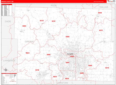 Greene County, MO Zip Code Wall Map Red Line Style by MarketMAPS - MapSales