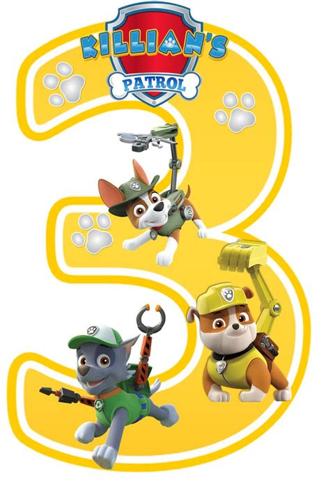 The Paw Patrol Number Three Poster Is Shown In Yellow And White With An