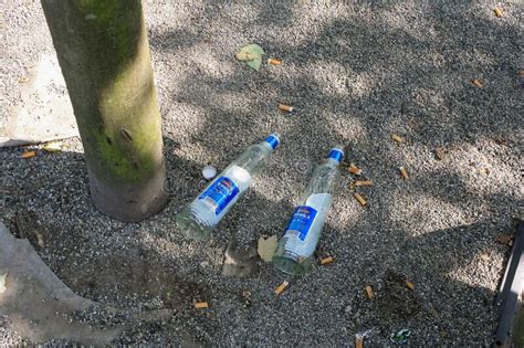 Close Up Top View Of Two Empty Vodka Glass Bottles Editorial Photo