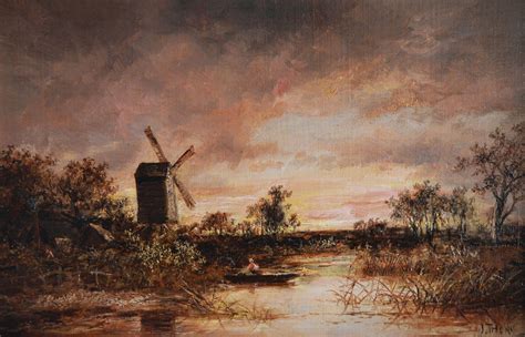 Joseph Thors 19th Century Landscape Oil Painting Of A Windmill By A