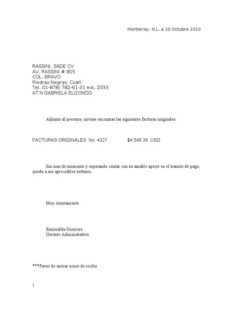 Carta Envio De Facturas Origin Ales