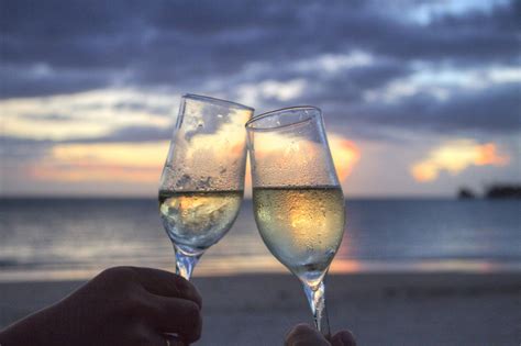 beach champagne cheers clink glasses clouds · free photo