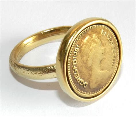 Designer Yellow Gold 24k Plated Ring Queen Elizabeth English Coin Size