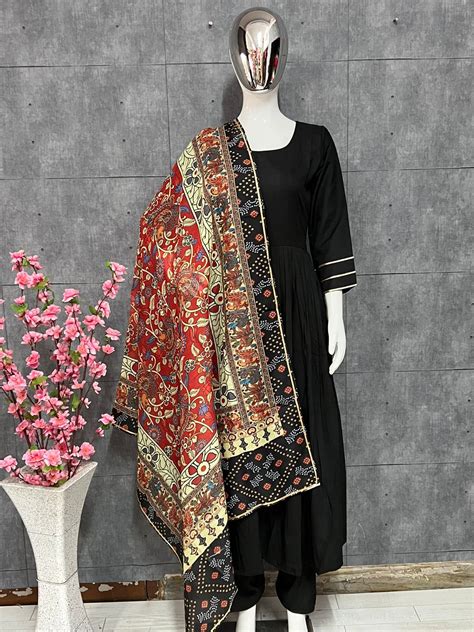 Buy Online Pure Soft Cotton Plain Anarkali Suit With Kalamkari Dupatta