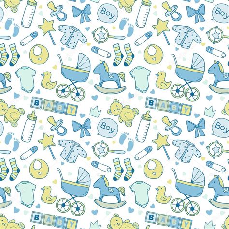 Seamless Baby Boy Pattern With Cute Newborn Elements — Stock Vector