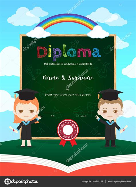 Colorful Kids Diploma Certificate Template In Cartoon Style And Stock