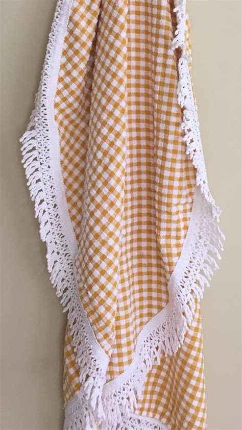 Vintage Gingham Picnic Blanket With Fringe Mustard Yellow And White