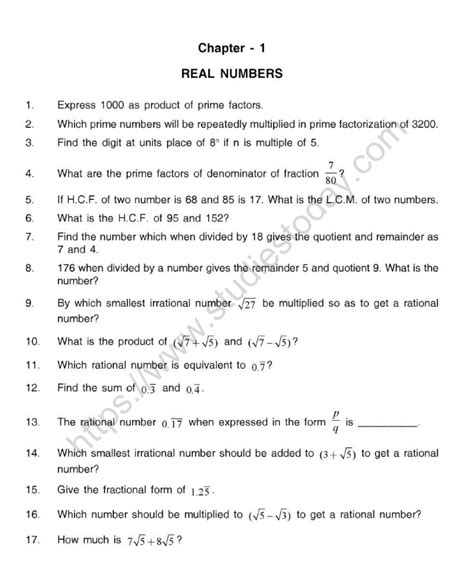 Real Numbers Class 10 Worksheet With Answers Pdf