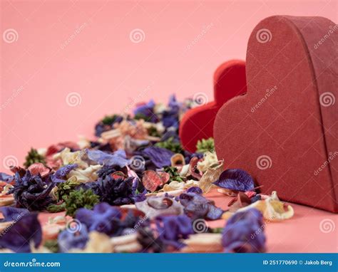 Heart Shaped Boxes And Flower Confetti Or Potpourri On A Pink