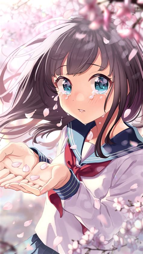 Download 1080x1920 Anime Girl Crying Tears Sakura Blossom Loli School Uniform Wallpapers