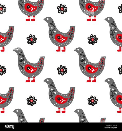 White Seamless Pattern With Doodle Birds Flowers And Nordic Ornaments