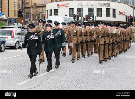 Soldiers From British Army Regiment The Rifles March Through The