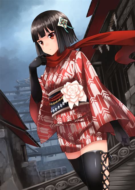 Black Hair Anime Girl Kimono
