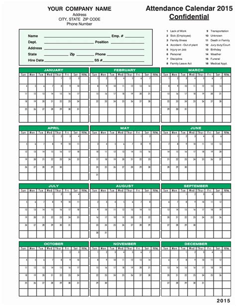 Employee Attendance Calendar Template