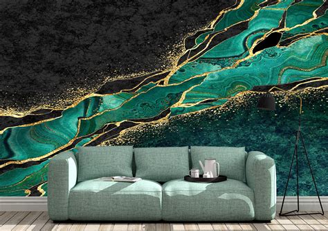 Green Marble With Gold Wall Mural Photo Wallpaper Uv Print Etsy