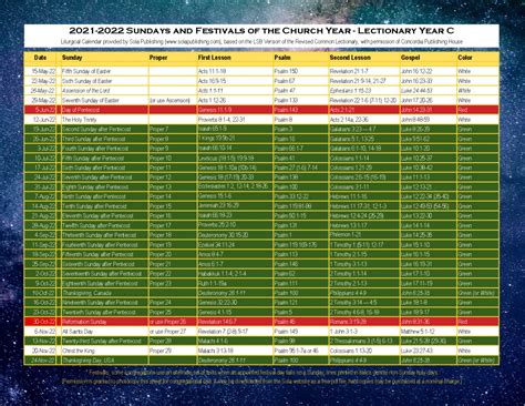 The old testament, new testament and gospels readings are from the new revised standard version bible: 2022 Liturgical Calendar (Year C) K-2022 | Sola Publishing