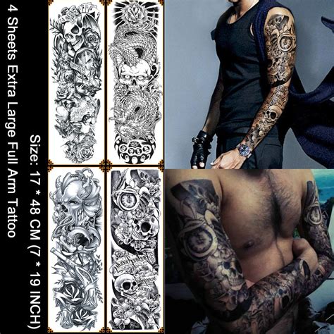 Buy Kotbs 4 Sheets Large Waterproof Full Arm Tattoo Sticker Skull Rose Fake Tattoos Sleeve