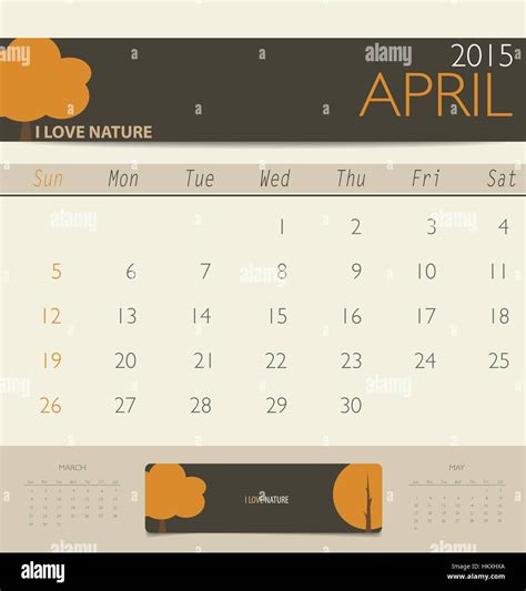 2015 Calendar Monthly Calendar Template For April Vector Illustration