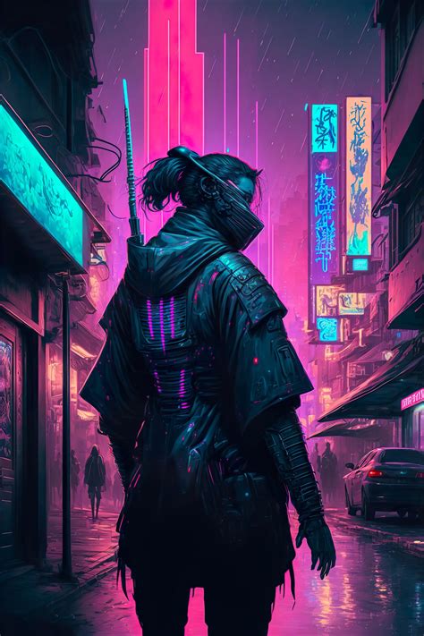 Cyberpunk Samurai Neon Future City Japan Art Digital Download Print Etsy