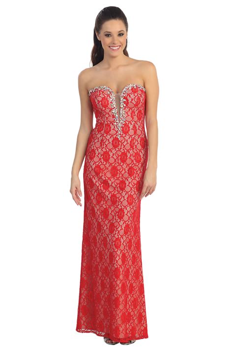 Strapless Deep V Plunge Neckline Lace Prom Dress Rhinstone Detail Lace