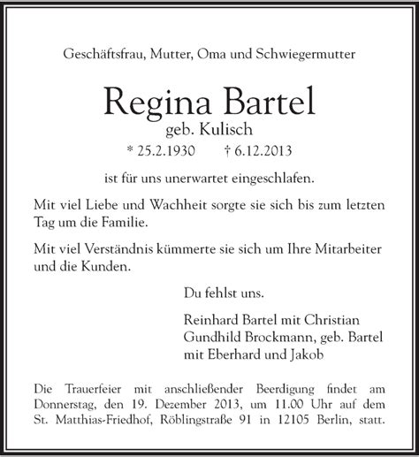 Traueranzeigen Von Regina Bartel Tagesspiegel Trauer